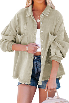 Green Distressed Denim Jacket with Fringe Trim