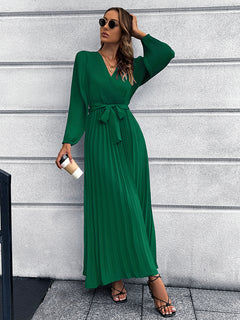 V-Neck Pleated Maxi Dress with Tie Waist