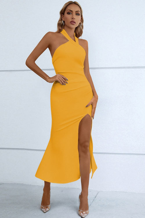 Luxurious Halter Neck Fishtail Midi Dress