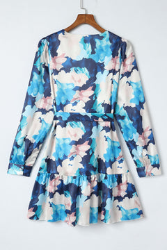 Blue Abstract Floral Ruffle Dress: Graceful Elegance