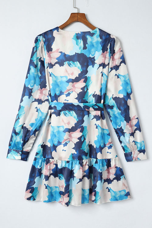 Blue Abstract Floral Ruffle Dress: Graceful Elegance