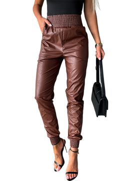 Black Smocked High-Waist Leather Skinny Pants