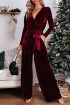 Whimsical Fiery Red Velvet Wide Leg Jumpsuit with Cut-Out Charm