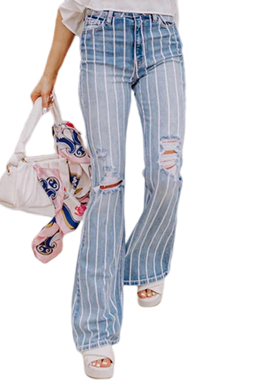 Sky Blue Striped Ripped Flare Jeans 🌟