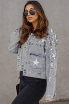 Sky Blue Distressed Pearls Star Cropped Denim Jacket