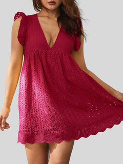 Eyelet Ruffled Mini Dress with Cap Sleeves