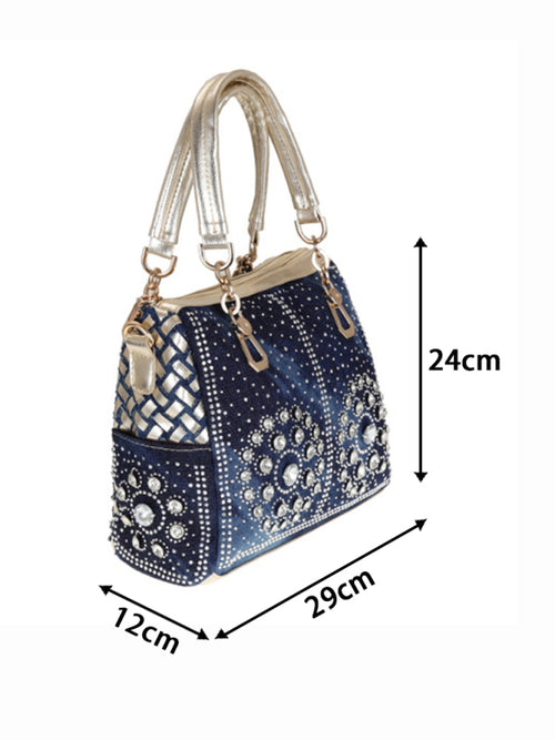 Denim & Canvas Bag with Dazzling Diamonds