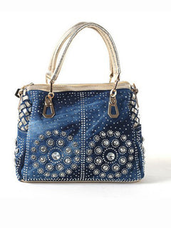 Denim & Canvas Bag with Dazzling Diamonds