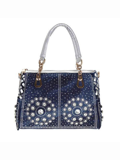 Denim & Canvas Bag with Dazzling Diamonds