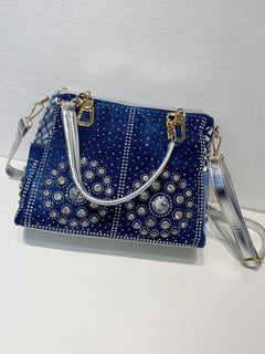 Denim & Canvas Bag with Dazzling Diamonds