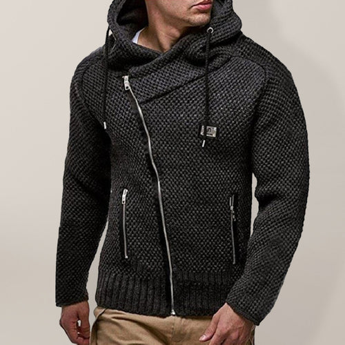 Men's Diagonal Zipper Hooded Slim Fit Sweater Cardigan