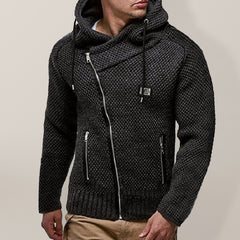 Hooded Diagonal Zip Sweater for Modern Men