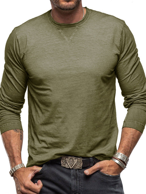 Men's new solid color round neck long sleeve cotton t-shirt