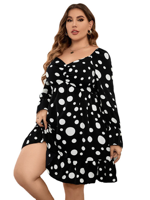 Polka Dot Plus Size Long Sleeve Dress with Flattering Waist