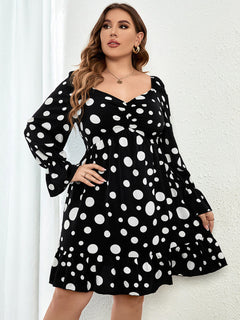 Polka Dot Plus Size Long Sleeve Dress with Flattering Waist