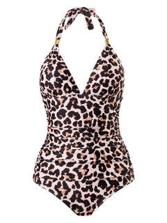 Leopard Print Red Halter Backless Swimsuit