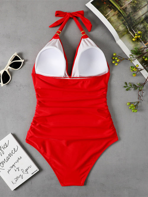 Leopard Print Red Halter Backless Swimsuit