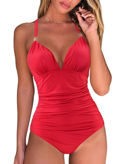 Leopard Print Red Halter Backless Swimsuit