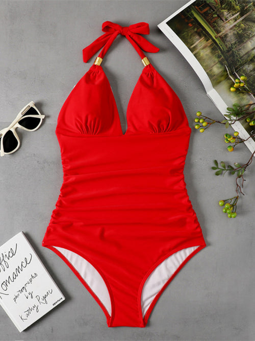 Leopard Print Red Halter Backless Swimsuit