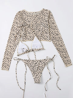 Leopard Print Bikini Set with Chic Mesh Jacket