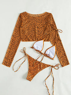 Leopard Print Bikini Set with Chic Mesh Jacket