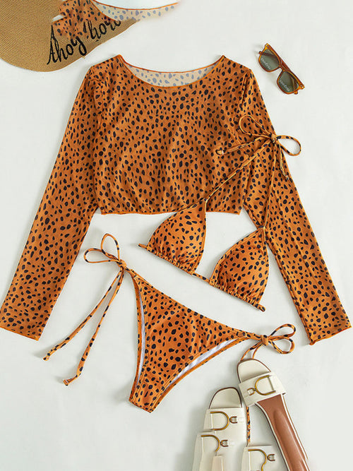 Leopard Print Bikini Set with Chic Mesh Jacket