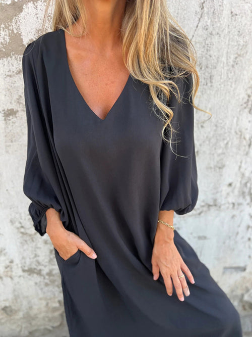 Elegant V-Neck Lantern Sleeve Dress