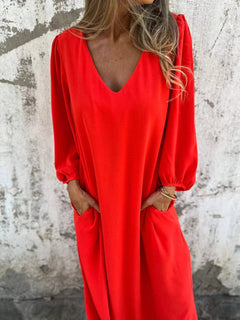 Elegant V-Neck Lantern Sleeve Dress