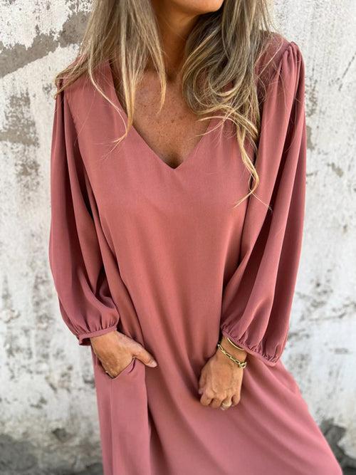 Elegant V-Neck Lantern Sleeve Dress