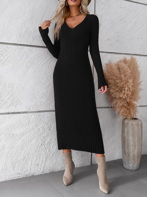 Elegant V-Neck Sweater Dress: Autumn-Winter Sophistication