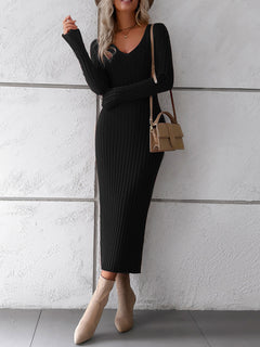 Elegant V-Neck Sweater Dress: Autumn-Winter Sophistication