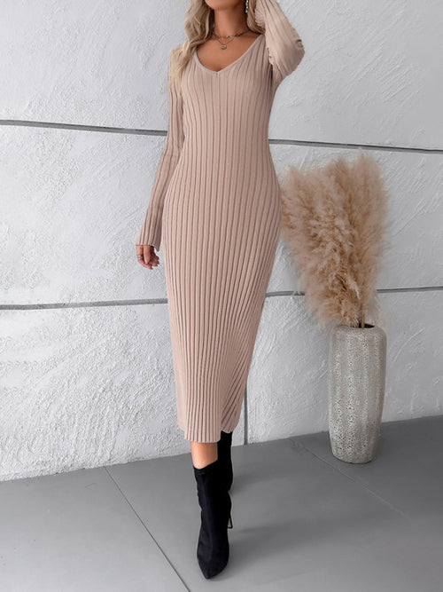 Elegant V-Neck Sweater Dress: Autumn-Winter Sophistication