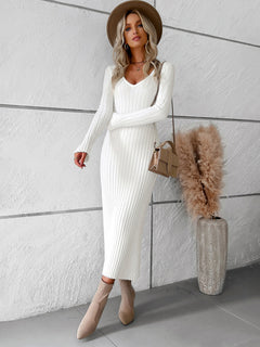 Elegant V-Neck Sweater Dress: Autumn-Winter Sophistication