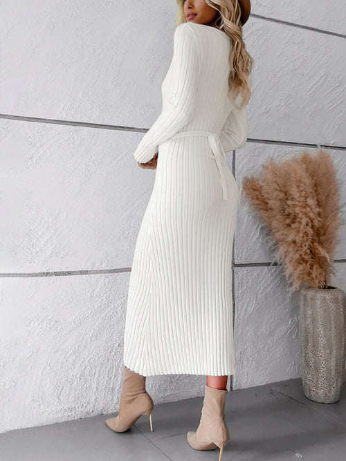 Elegant V-Neck Sweater Dress: Autumn-Winter Sophistication