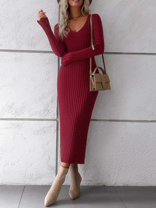 Elegant V-Neck Sweater Dress: Autumn-Winter Sophistication