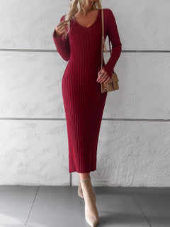 Elegant V-Neck Sweater Dress: Autumn-Winter Sophistication