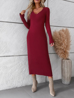 Elegant V-Neck Sweater Dress: Autumn-Winter Sophistication