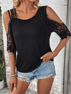 Off-Shoulder Lace Patchwork Knit Top: Effortless Elegance