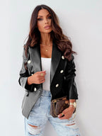 Whimsical Autumn Chic Double-Breasted PU Leather Suit