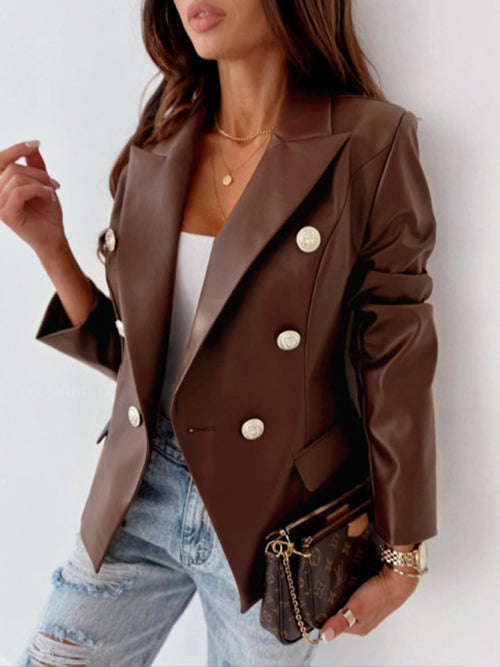 Whimsical Autumn Chic Double-Breasted PU Leather Suit