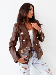 Whimsical Autumn Chic Double-Breasted PU Leather Suit