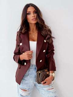 Whimsical Autumn Chic Double-Breasted PU Leather Suit