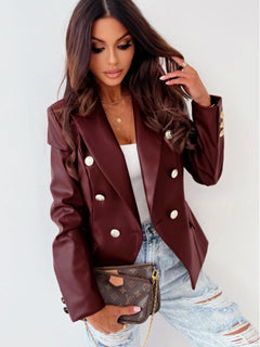 Whimsical Autumn Chic Double-Breasted PU Leather Suit