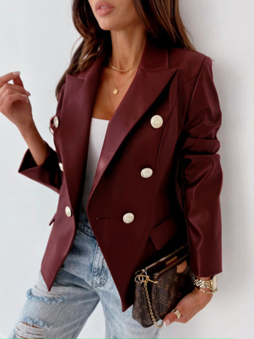 Whimsical Autumn Chic Double-Breasted PU Leather Suit