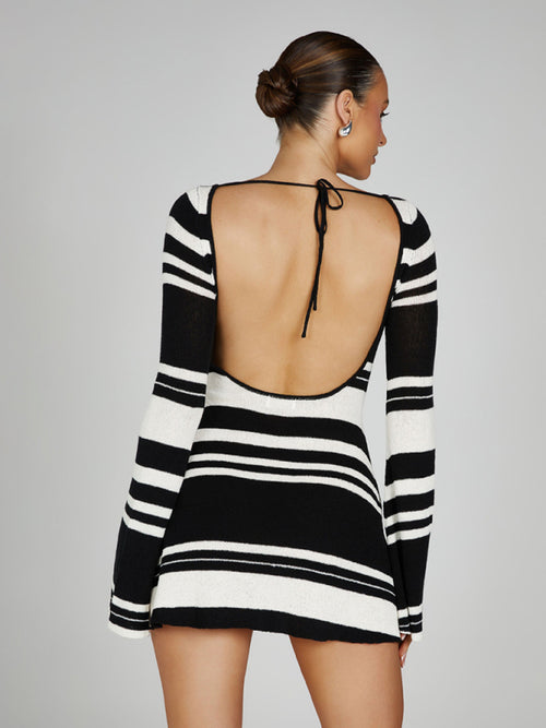 Elegant Striped Backless Knitted Dress - Sophisticated