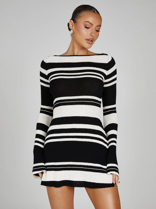 Elegant Striped Backless Knitted Dress - Sophisticated