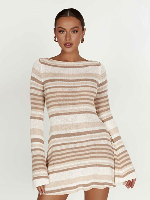 Elegant Striped Backless Knitted Dress - Sophisticated