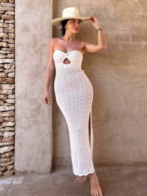 Elegant Mesh Hollow Knit Tube Top Dress