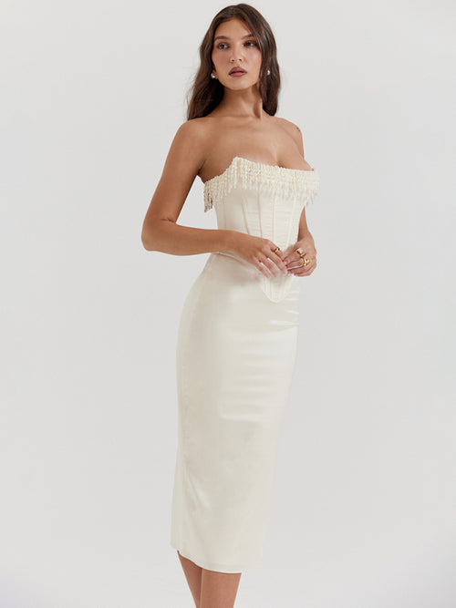 Elegant Pearl Fishbone Off-Shoulder Slit Dress