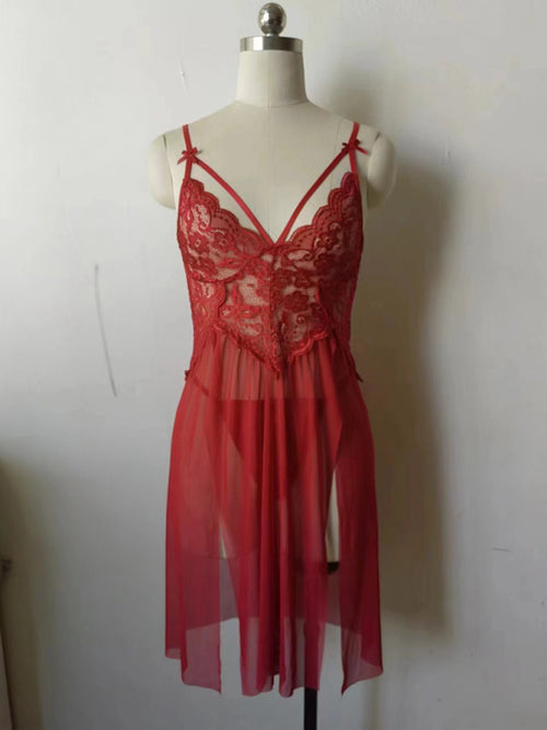 Enchanted Lace Delight: Mesh Suspender Nightgown with a Flirty Slit